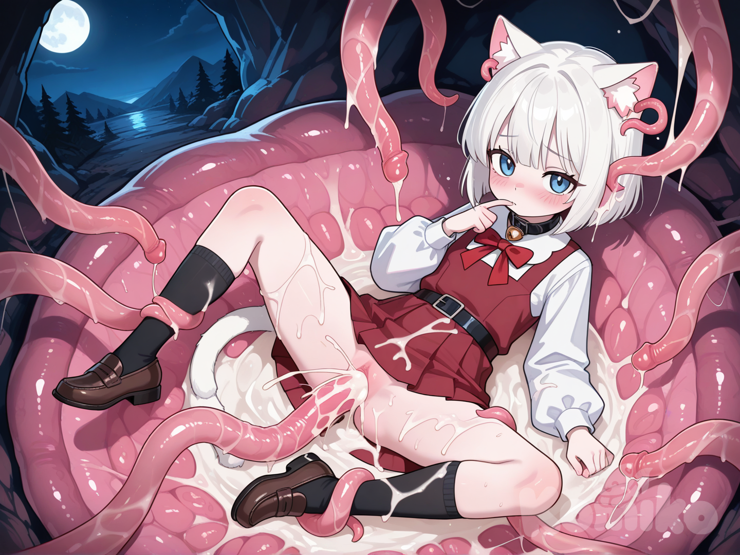 @lucia-vfTT, shy,blush,Relaxed lei on back on cave rock ,night,moon light,tentacle sex,many tentacle surround little girl,clothed female,tentacle in pussy,tentacle insert in ear cat,color pink tentacle, cum in pussy,cum in ear cat, cum overflow, excessive cum, bird's-eye view, from above, looking at viewer, finger to mouth, Gesture to be quiet,little smilet,pink flesh monster,flesh monster sex,tentacle still in pussy, in cave, full body,cum on leg and foot,cum over body