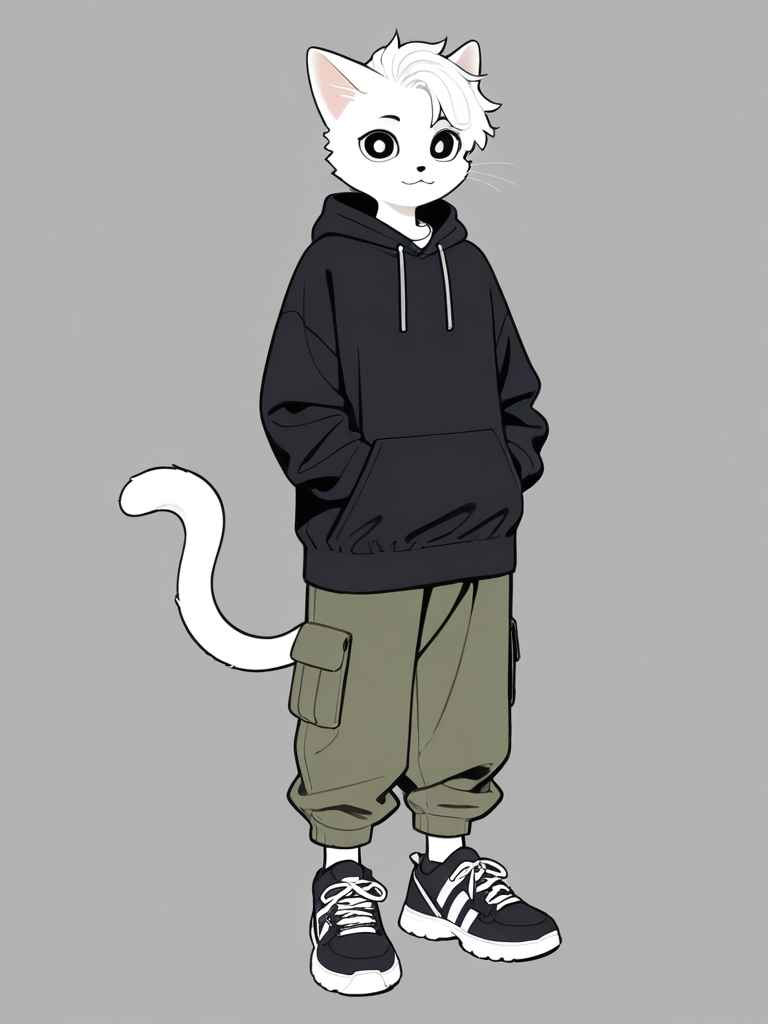 1boy, furry white cat with very spiky, sharp white hair forward, featuring dark stripes in the hair. It has large, expressive eyes with black pupils, a small black nose, and a cute, gentle expression. It wears a black hoodie, white baggy cargo pants, and oversized white-and-black big sneakers. The style is simple, cartoonish, childlike, and cute, with hard outlines, minimal shading, long thin limbs, and a taller-than-average height. The background is completely white, with no distracting elements.