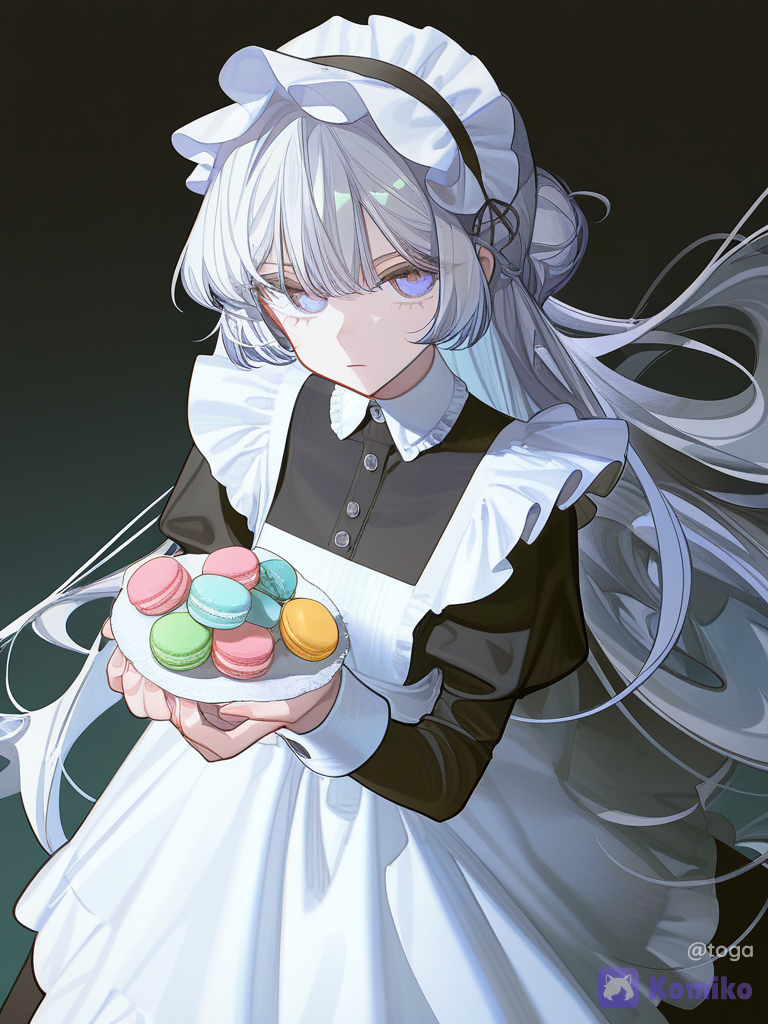 [high-contrast-glossy-style], top-down, slightly angled dramatic illustration of a white-haired girl with very long, eyelashes and striking purple-blue eyes. She has a serious or neutral expression.
Attire: She is dressed in a classic black-and-white maid uniform, complete with a frilly white headpiece, a large white ruffled collar/apron, and black sleeves.
Action: She holds out both hands, presenting a small collection of colorful macarons (red, yellow, blue, and pink), while another white macaron appears to be floating or falling above her hand on the left., 1girl, 2boys, floating