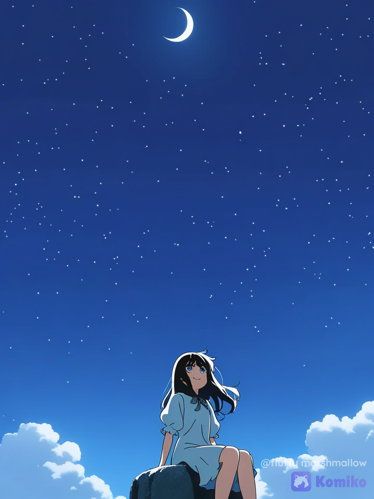 [bright-anime-style], A little girl is sitting on a half moon