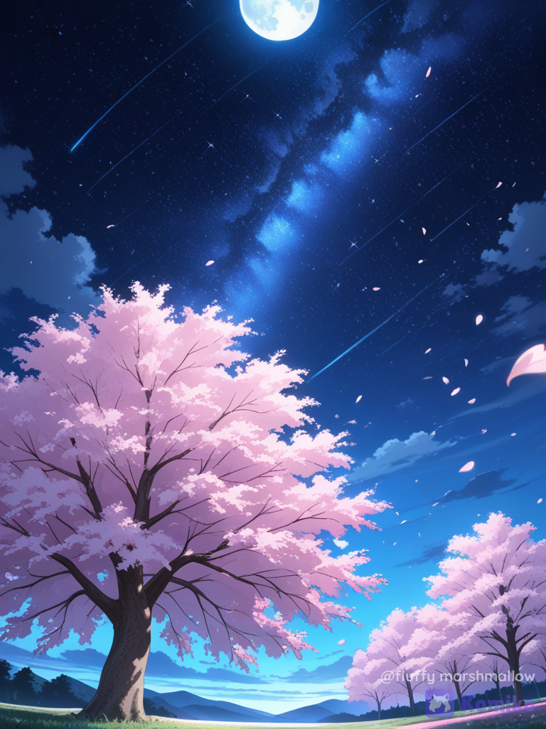 Night sky full of stars and moon, cheery blossom trees