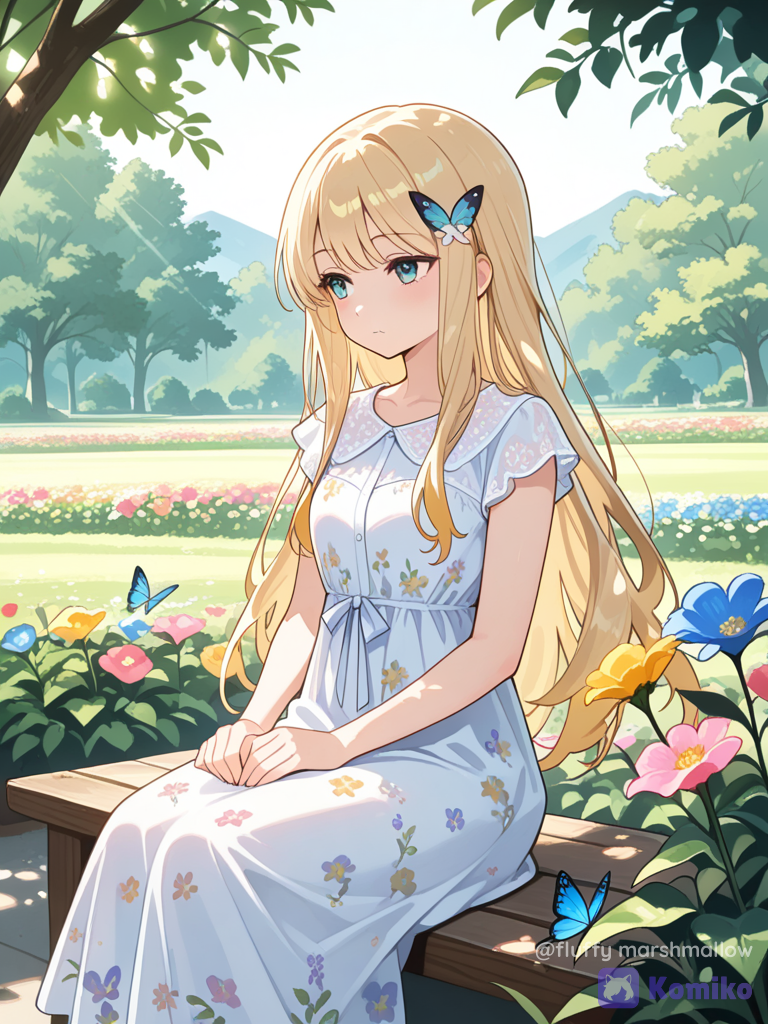 Colourful garden, beautiful butterfly, one silent girl
