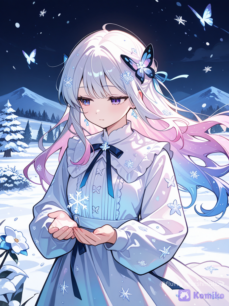 Colourful garden, beautiful butterfly, one silent girl and snow fall