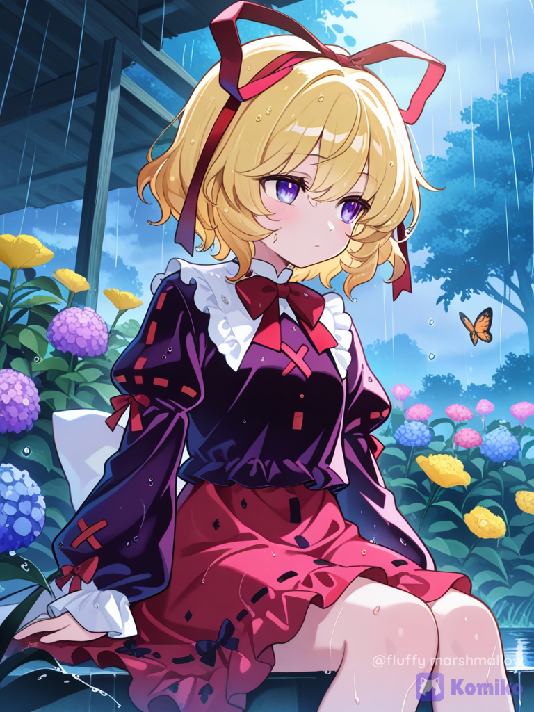 Colourful garden, beautiful butterfly, one silent girl and rainy season