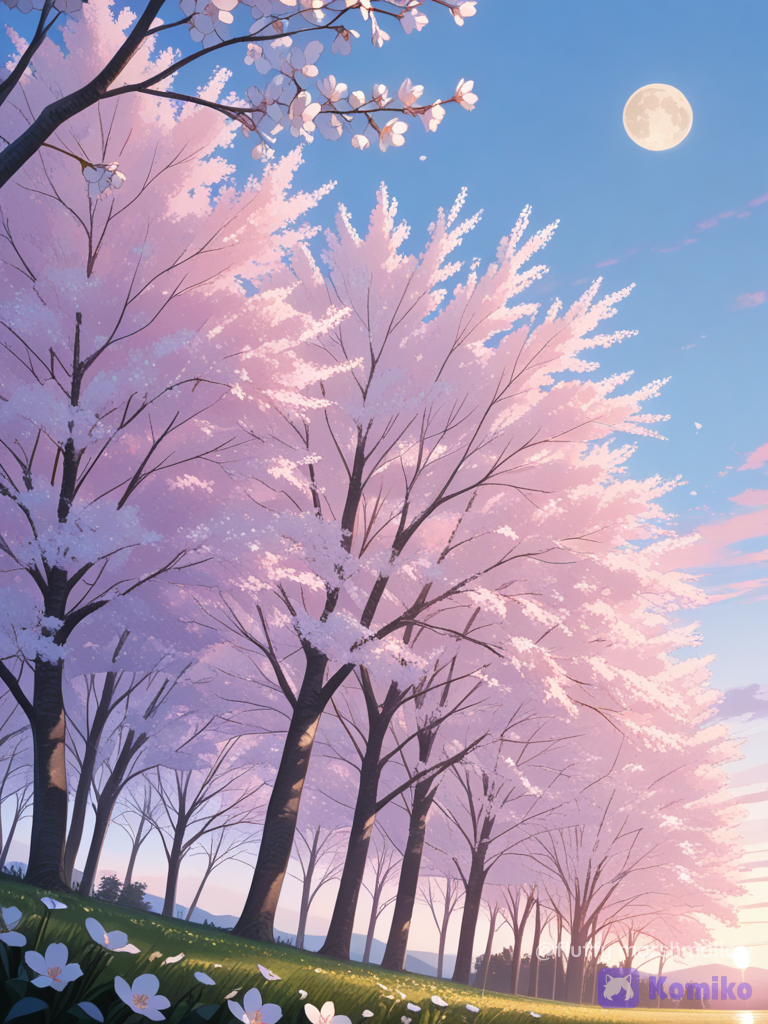 A dreamy close-up of delicate white cherry blossom (sakura) flowers with soft pink buds on elegant tree branches, naturally framing a bright full moon in the center against a clear pastel blue evening sky. Warm golden hour sunlight casts soft floral shadows on a white wall below. Minimal composition, peaceful spring atmosphere, ultra realistic botanical details, vibrant green leaves, cinematic lighting, soft natural colors, shallow depth of field, dreamy aesthetic, calming mood, .