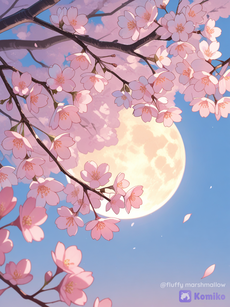 A dreamy close-up of delicate white cherry blossom (sakura) flowers with soft pink buds on elegant tree branches, naturally framing a bright full moon in the center against a clear pastel blue evening sky. Warm golden hour sunlight casts soft floral shadows on a white wall below. Minimal composition, peaceful spring atmosphere, ultra realistic botanical details, vibrant green leaves, cinematic lighting, soft natural colors, shallow depth of field, dreamy aesthetic, calming mood, .