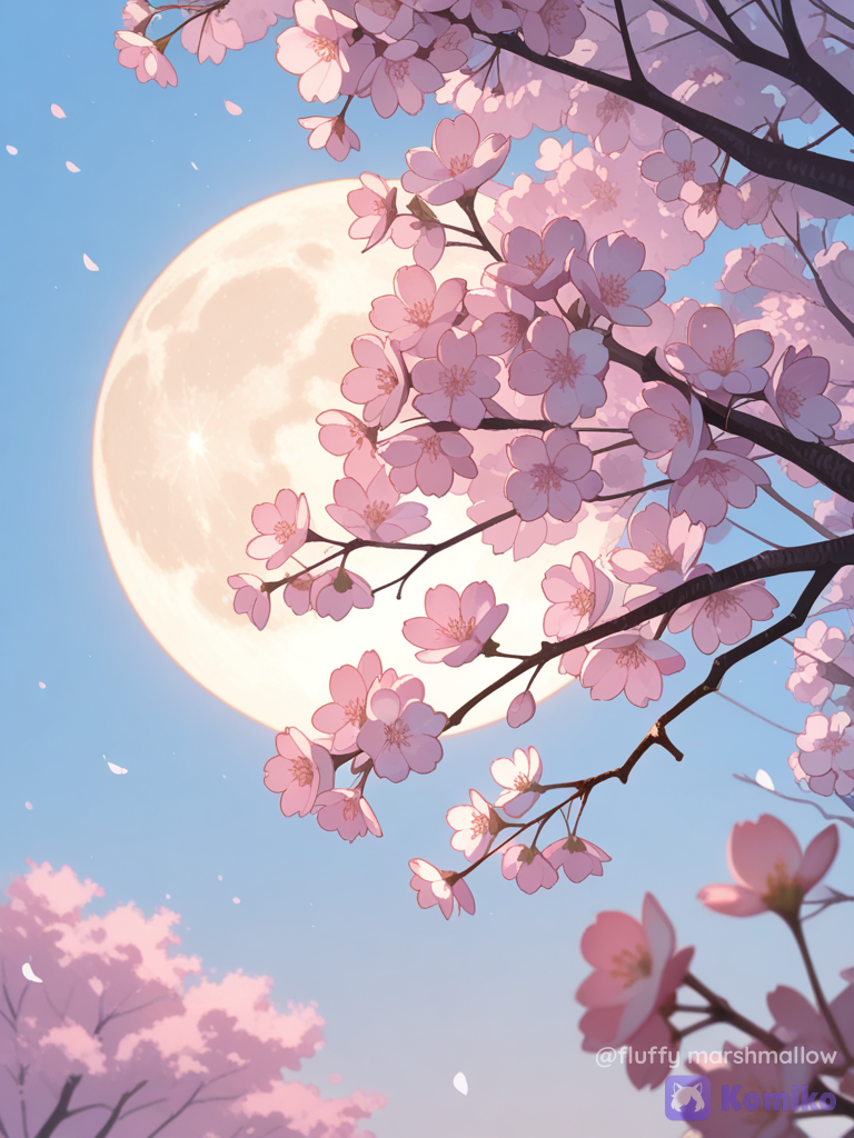 A dreamy close-up of delicate white cherry blossom (sakura) flowers with soft pink buds on elegant tree branches, naturally framing a bright full moon in the center against a clear pastel blue evening sky. Warm golden hour sunlight casts soft floral shadows on a white wall below. Minimal composition, peaceful spring atmosphere, ultra realistic botanical details, vibrant green leaves, cinematic lighting, soft natural colors, shallow depth of field, dreamy aesthetic, calming mood, .