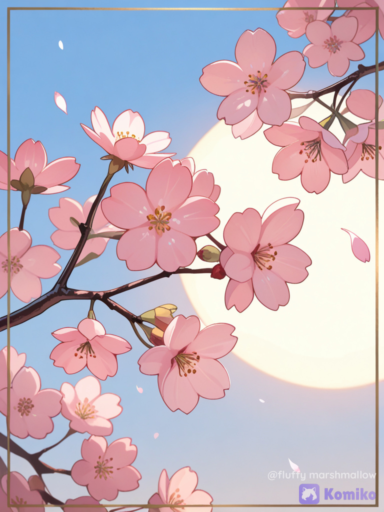 A dreamy close-up of delicate white cherry blossom (sakura) flowers with soft pink buds on elegant tree branches, naturally framing a bright full moon in the center against a clear pastel blue evening sky. Warm golden hour sunlight casts soft floral shadows on a white wall below. Minimal composition, peaceful spring atmosphere, ultra realistic botanical details, vibrant green leaves, cinematic lighting, soft natural colors, shallow depth of field, dreamy aesthetic, calming mood, .