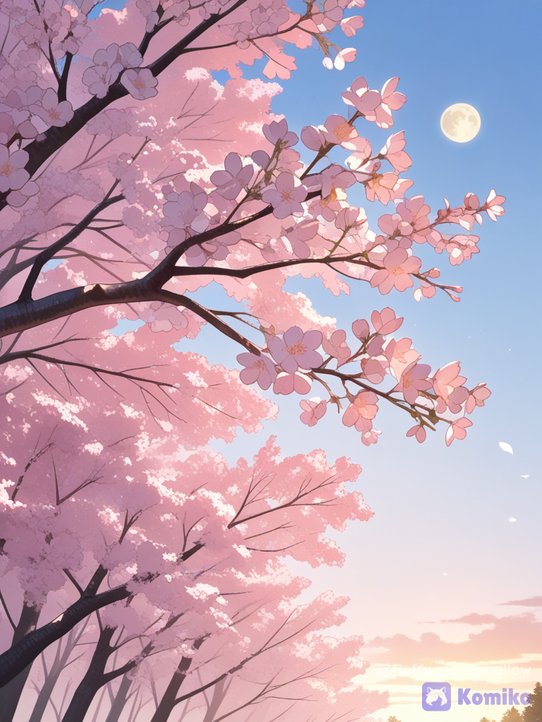 A dreamy close-up of delicate white cherry blossom (sakura) flowers with soft pink buds on elegant tree branches, naturally framing a bright full moon in the center against a clear pastel blue evening sky. Warm golden hour sunlight casts soft floral shadows on a white wall below. Minimal composition, peaceful spring atmosphere, ultra realistic botanical details, vibrant green leaves, cinematic lighting, soft natural colors, shallow depth of field, dreamy aesthetic, calming mood, .