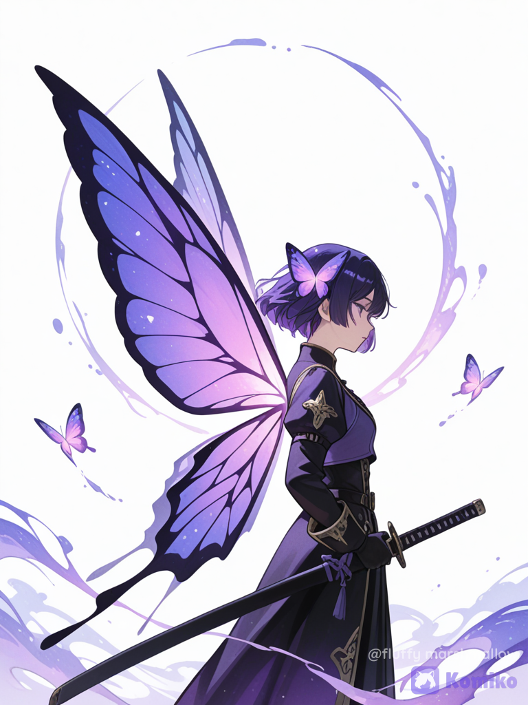 A minimalist silhouette of a graceful anime swordswoman standing in profile, holding a katana with a calm and elegant posture. Large glowing purple butterfly wings emerge from her back, created with watercolor ink splashes and paint textures. Small glowing butterflies float around her. White clean background with negative space, soft purple glow, abstract ink splatter, elegant brush strokes, high contrast black silhouette, Japanese anime aesthetic, ultra digital artwork, watercolor illustration, fantasy atmosphere, 8K, centered composition.
