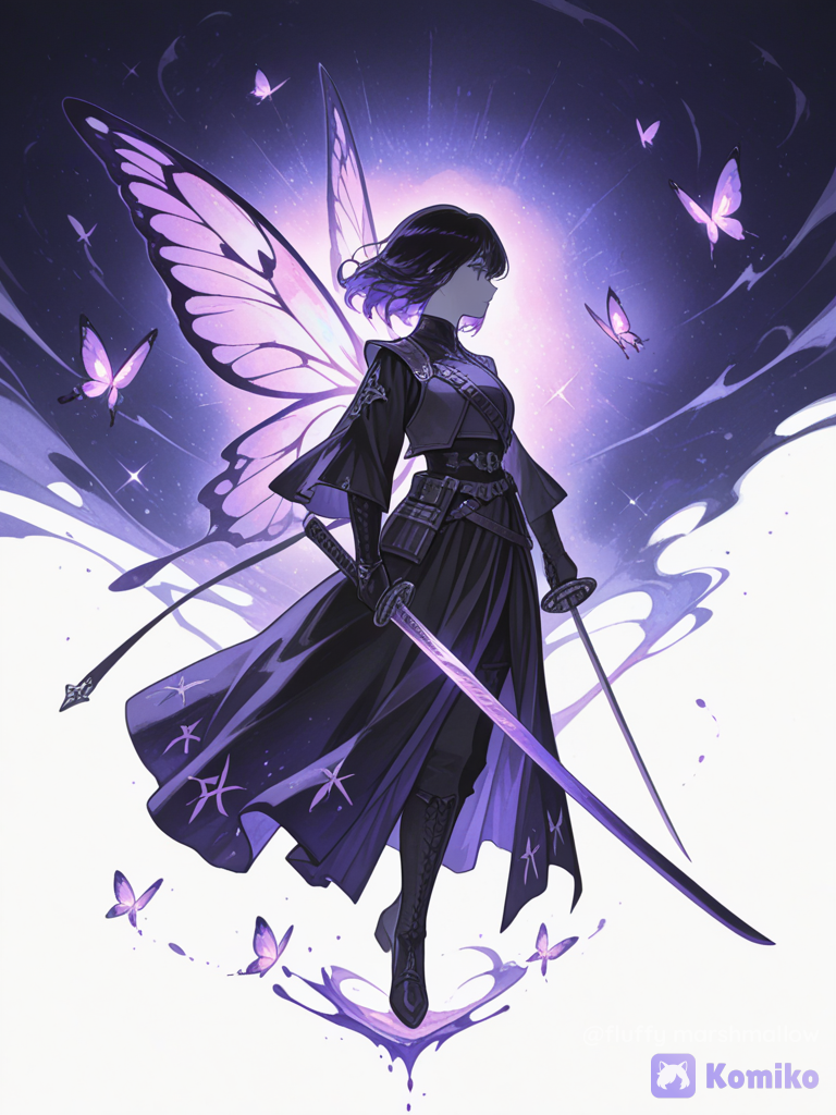 A minimalist silhouette of a graceful anime swordswoman standing in profile, holding a katana with a calm and elegant posture. Large glowing purple butterfly wings emerge from her back, created with watercolor ink splashes and paint textures. Small glowing butterflies float around her. White clean background with negative space, soft purple glow, abstract ink splatter, elegant brush strokes, high contrast black silhouette, Japanese anime aesthetic, ultra digital artwork, watercolor illustration, fantasy atmosphere, 8K, centered composition.