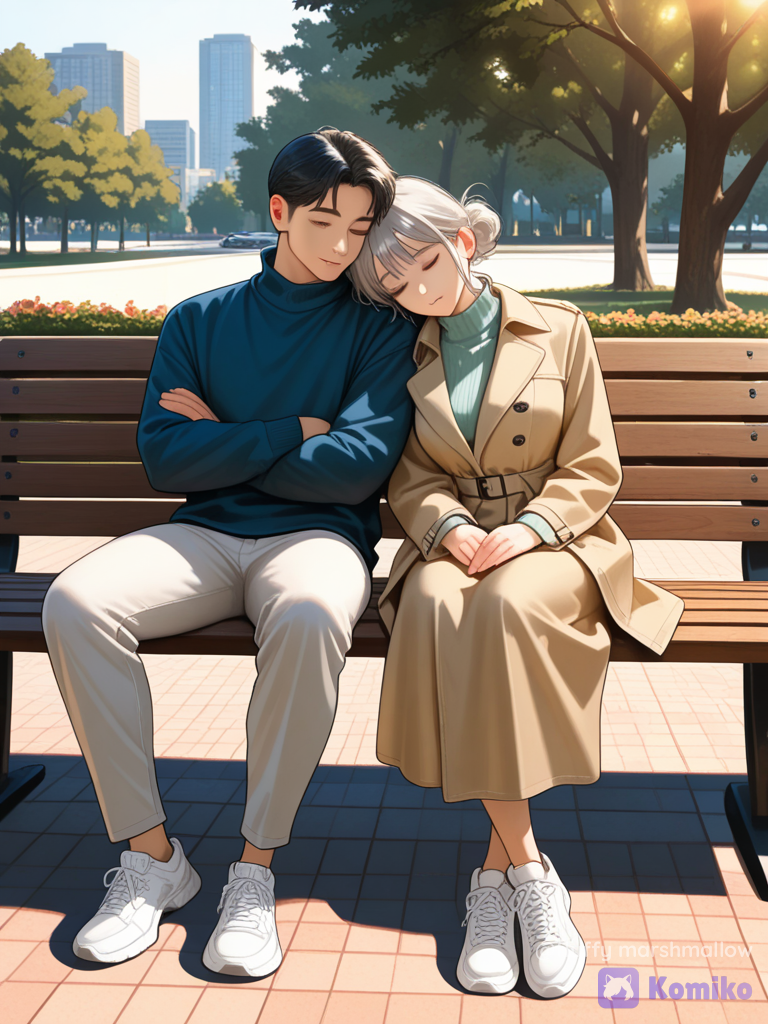 A heartwarming Korean drama-style couple sitting on a wooden park bench during golden hour. The handsome young man has soft black hair and wears a white turtleneck, an olive-green trench coat, light gray jeans, and white sneakers. He sits with his arms crossed, looking gently at the girl beside him. The cute young woman has long dark hair in a messy bun with soft bangs, wearing an oversized blue turtleneck sweater with yellow and orange patterns, white pants, and white sneakers. She is peacefully sleeping with her head resting on his shoulder. The background features lush green trees, warm sunlight filtering through the leaves, soft bokeh, and a calm city park atmosphere. Cinematic Korean drama aesthetic, emotional storytelling, natural expressions, ultra-realistic photography, soft golden-hour lighting, shallow depth of field, DSLR 85mm lens, high detail, 8K.