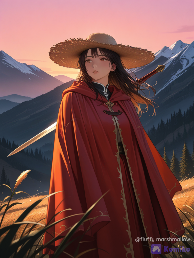 Epic fantasy movie still of a mysterious female warrior standing on a mountain ridge at sunset, her red cloak flowing dramatically in the wind, ancient curved sword resting across her shoulder, traditional straw hat, long dark hair, misty mountains in the distance, glowing orange and pink sky, golden rim light, lush fantasy vegetation in foreground, cinematic depth of field, volumetric lighting, realistic textures, majestic atmosphere, high-end fantasy film production, ultra realistic 3D render, breathtaking composition, 8K.