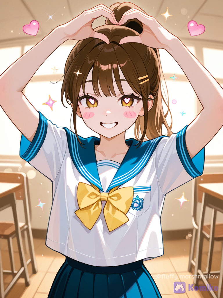A cheerful young Asian schoolgirl sitting at a classroom desk, smiling brightly and looking directly at the camera. She has dark brown hair tied in a high ponytail with soft straight bangs. She is wearing a cute white short-sleeve school uniform top with blue trim around the V-neck and sleeves. She raises both arms above her head and forms a large heart shape with her hands. She has a joyful, playful expression and a bright natural smile. The background is a warm, softly blurred school classroom with wooden desks and pale yellow and light blue tones. Surround her with cute floating pink heart stickers, some with yellow bows, sparkles, arrows, and playful cartoon details. Cute youthful aesthetic, Korean school drama style, soft bright lighting, pastel colors, clean composition, realistic photography, expressive eyes, natural skin texture, shallow depth of field, soft bokeh, high resolution, 8K, adorable and cheerful atmosphere.
