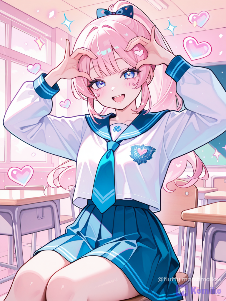 Cute Korean school aesthetic, happy schoolgirl making a heart shape above her head with both hands, high ponytail and bangs, white school uniform with blue trim, sitting at a classroom desk, bright cheerful smile, warm pastel classroom background, surrounded by many floating glossy pink heart stickers, cute bows, sparkles and tiny arrows, playful social-media edit, soft lighting, vibrant pastel colors, adorable composition, high-quality realistic photography, 8K.