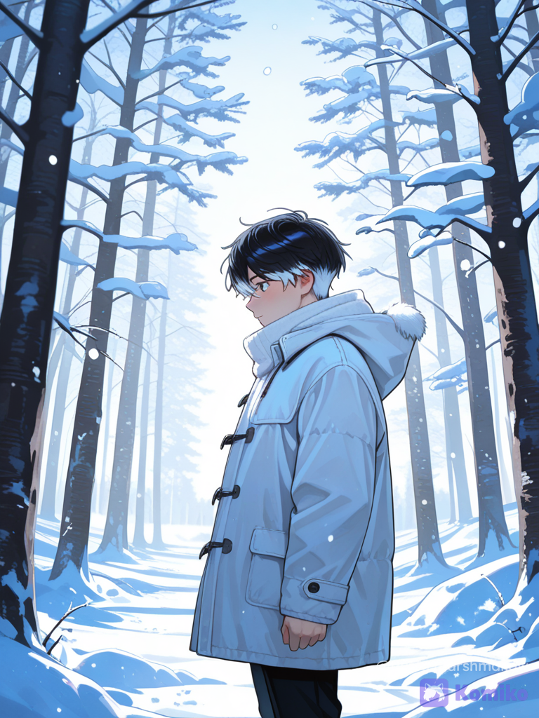 Cinematic Korean winter drama scene, a young man in a white winter coat standing alone in falling snow, soft black hair, gentle thoughtful expression, snowflakes floating dramatically through the foreground, dreamy blurred forest background, cool blue and white color palette with subtle warm highlights, emotional storytelling, soft film grain, atmospheric depth, beautiful bokeh, cinematic color grading, realistic photography, premium K-drama poster aesthetic, 8K.