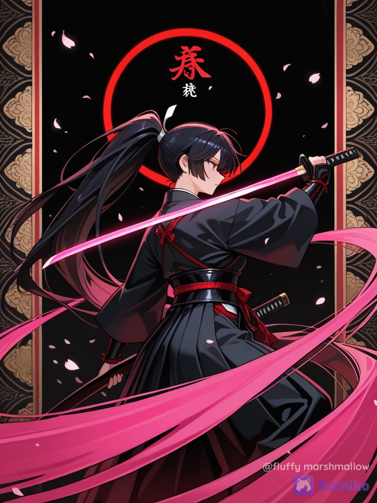 Dark Japanese anime samurai artwork, female warrior raising a katana overhead, long flowing black ponytail, black traditional samurai clothing, deep burgundy floral patterns, glowing pink sword edge, floating cherry blossom petals, beautiful pink and white sakura flowers covering the bottom, pure black background, minimal composition, neon magenta accents, high contrast, elegant line art, mysterious warrior atmosphere, premium manga poster aesthetic, highly 8K.