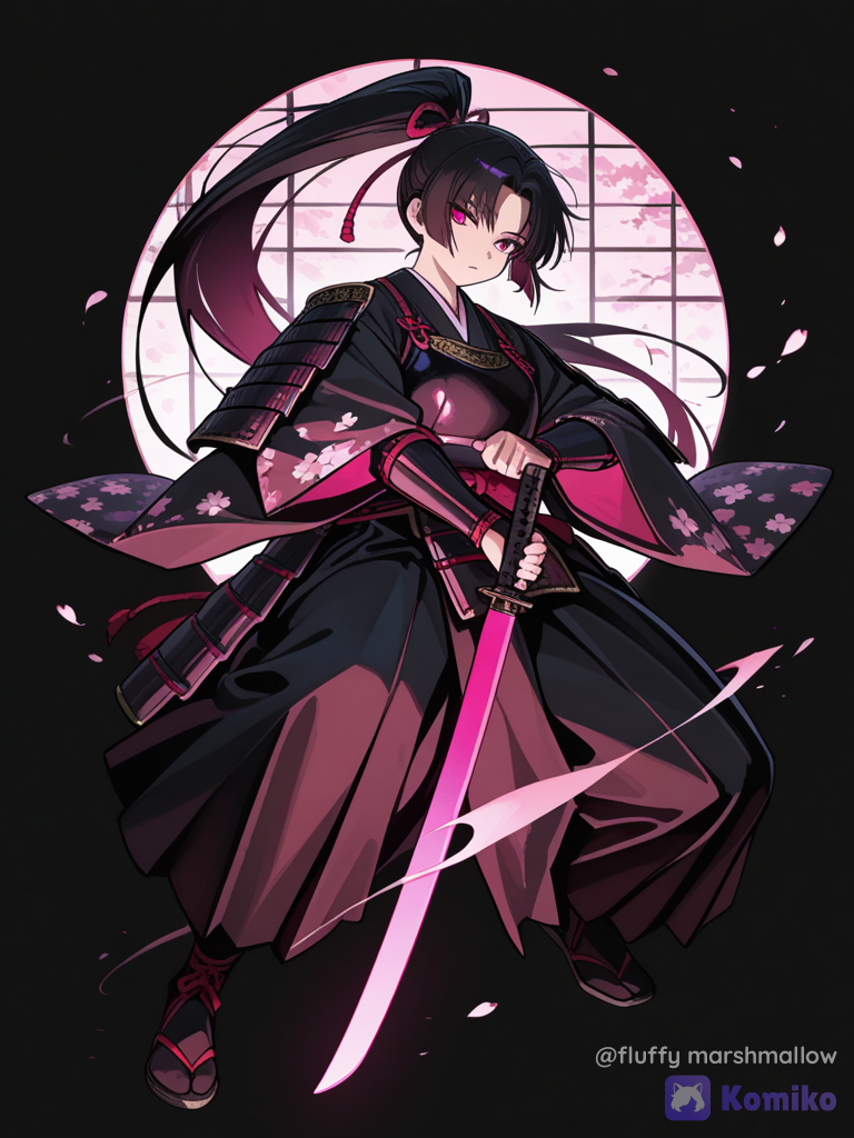 Dark Japanese anime samurai artwork, female warrior raising a katana overhead, long flowing black ponytail, black traditional samurai clothing, deep burgundy floral patterns, glowing pink sword edge, floating cherry blossom petals, beautiful pink and white sakura flowers covering the bottom, pure black background, minimal composition, neon magenta accents, high contrast, elegant line art, mysterious warrior atmosphere, premium manga poster aesthetic, highly 8K.