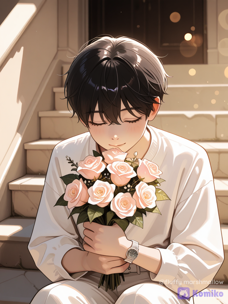 Dreamy editorial fashion portrait of a young man in an elegant monochromatic white outfit, sitting on vintage stone stairs, holding a bouquet of soft peach roses close to his face with his eyes peacefully closed. Tousled black hair, gentle expression, silver wristwatch, warm golden natural light, soft shadows, delicate pastel tones, shallow depth of field, creamy bokeh, romantic spring aesthetic, minimalist composition, Korean-style soft photography, cinematic lighting, photorealistic, ultra 8K.