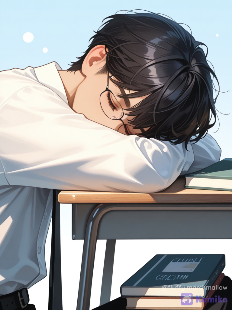 A soft cinematic portrait of a young male student peacefully sleeping with his head resting on a stack of books. He has soft, slightly tousled dark black hair, thin round metal-frame glasses, and a calm relaxed expression with his eyes gently closed. He is wearing a crisp oversized white button-up shirt with a simple black necktie and dark trousers, creating a clean academic aesthetic. A tall stack of textbooks and notebooks is placed beside him, with books of different sizes and muted colors. His body is leaning naturally beside the books in a relaxed study-break pose. Bright pale blue-white background, soft diffused daylight, clean minimal composition, gentle shadows, subtle highlights on the white shirt, shallow depth of field, realistic skin texture, Korean editorial photography aesthetic, peaceful cozy mood, photorealistic, highly cinematic lighting, ultra HD, 8K.