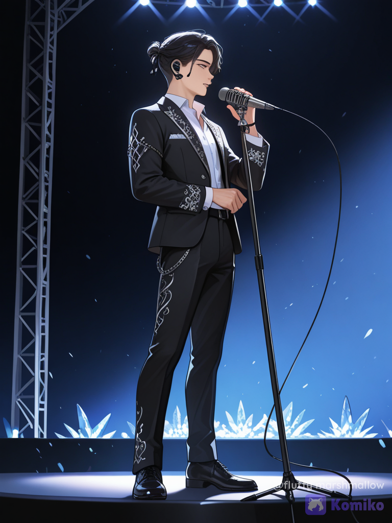 A cinematic full-body portrait of a young male stage performer standing confidently beside a professional microphone stand on a dark concert stage. He is wearing an elegant black tailored blazer heavily decorated with intricate silver crystals, rhinestones, metallic embroidery and delicate chain embellishments on the shoulders and chest, paired with a crisp white open-collar shirt and sophisticated black wide-leg trousers. His dark, softly styled hair frames his face naturally. He is shown in a graceful side-facing pose, looking slightly toward the microphone with a calm and confident expression. A subtle in-ear monitor is visible. Dramatic low-key concert lighting illuminates his face and sparkling jacket, creating beautiful highlights against a deep black-blue background. Minimal stage environment, strong negative space, cinematic shadows, sophisticated luxury fashion styling, realistic fabric and crystal details, professional concert photography, shallow depth of field, high contrast, photorealistic, ultra 8K.