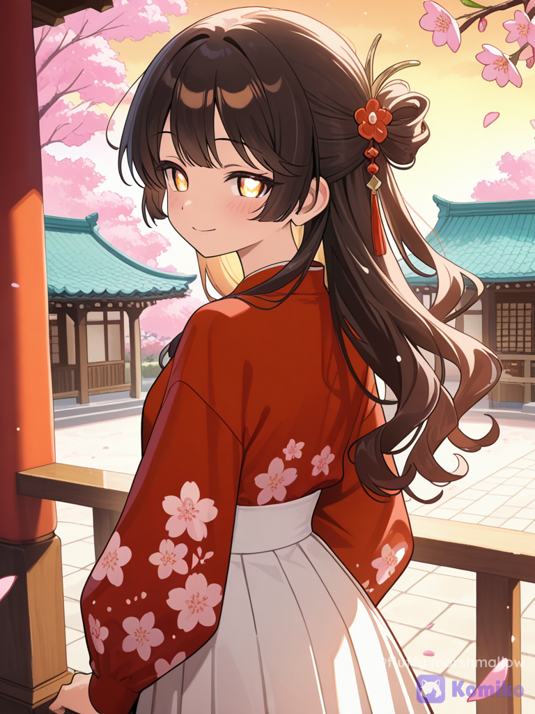 A beautiful anime-style young woman standing gracefully in an elegant traditional East Asian courtyard, turning slightly over her shoulder and looking toward the viewer with a gentle warm smile. She has long, silky dark brown-black hair styled half-up with soft flowing curls and delicate flower ornaments. She wears a beautiful bright crimson-red traditional-inspired blouse with subtle floral patterns, paired with a flowing high-waisted white skirt with soft pleats. Her outfit looks elegant, modest and graceful. Above her, beautiful branches covered with white and soft pink cherry blossoms frame the scene, with a few delicate petals gently falling through the air. The background features an ornate traditional wooden building with rich red, brown and muted teal architectural details, carved wooden panels and elegant columns. Warm golden afternoon sunlight creates beautiful rim lighting around her hair and shoulders. Soft glowing highlights, dreamy atmosphere, expressive anime eyes, delicate facial features, clean linework, smooth cel shading, rich warm colors, cinematic composition, shallow depth of field, highly anime illustration, magical spring atmosphere, 8K.