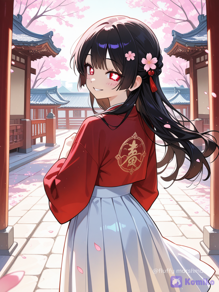 Elegant spring anime girl in a traditional East Asian courtyard, long flowing dark hair decorated with delicate cherry blossoms, wearing a vivid red traditional blouse and a flowing white pleated skirt, looking back over her shoulder with a sweet gentle smile. Pink and white cherry blossom branches arch above her, petals floating in the warm breeze. Ornate red wooden architecture and traditional carved panels in the background, golden sunlight illuminating her hair, soft cinematic glow, dreamy romantic spring atmosphere, beautiful expressive eyes, delicate anime facial features, vibrant yet soft colors, illustration, high-quality Japanese anime aesthetic, cinematic lighting, ultra 8K.