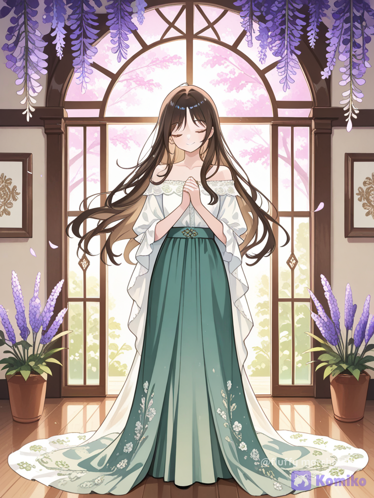 A beautiful young woman standing gracefully in a dreamy spring garden, wearing an elegant off-shoulder white blouse with long flowing sleeves and a long, airy pastel pink maxi skirt, delicate floral embroidery on the skirt, long soft brown hair gently flowing in the breeze, peaceful closed-eye expression, gentle and elegant pose. She is surrounded by abundant blooming pale pink and lavender flowers, flowering branches forming a beautiful canopy overhead, soft green leaves and lush garden plants. A traditional East Asian house with an elegant dark teal-green tiled roof and wooden windows is visible in the background. Soft pastel color palette of blush pink, lavender, mint green, pale blue and creamy white, dreamy spring atmosphere, delicate flower petals floating in the air, warm soft sunlight, beautiful natural shadows, ethereal glowing light, romantic fairytale atmosphere, highly digital painting, soft brushwork, delicate line art, elegant anime-inspired illustration, cinematic composition, painterly texture, magical dreamy aesthetic, serene and peaceful mood, vertical composition, full body, 9:16.soft focus, pastel lighting, atmospheric perspective, subtle bloom, gentle highlights, watercolor-like texture, intricate floral details, flowing fabric, natural wind movement, highly polished fantasy illustration