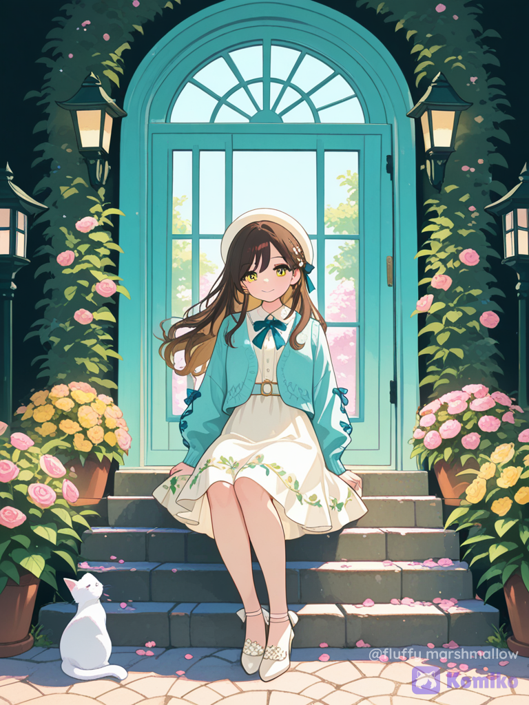 A charming young woman standing in front of a beautiful white Mediterranean-style cottage with vivid blue doors and blue window frames, surrounded by a lush spring garden. She is wearing a soft pastel pink knee-length dress with a flowing white skirt, a bright blue lightweight cardigan, a small white hat, and elegant white heels. Her long dark brown hair flows gently in the breeze. A cute white cat is sitting beside her on the stone pathway. The garden is filled with abundant blooming trees covered in delicate pink blossoms and bright yellow flowers, with green leaves and climbing plants surrounding the house. A classic black wall lantern hangs beside the blue door. Bright clear spring daylight, soft blue sky, peaceful cheerful atmosphere, pastel color palette, light blue, white, pink, yellow and fresh green tones. Hand-painted watercolor and gouache illustration, delicate brush strokes, soft edges, subtle paper texture, whimsical storybook aesthetic, elegant anime-inspired character, dreamy spring scenery, highly botanical elements, artistic composition, gentle sunlight and soft shadows, serene and heartwarming mood, vertical composition