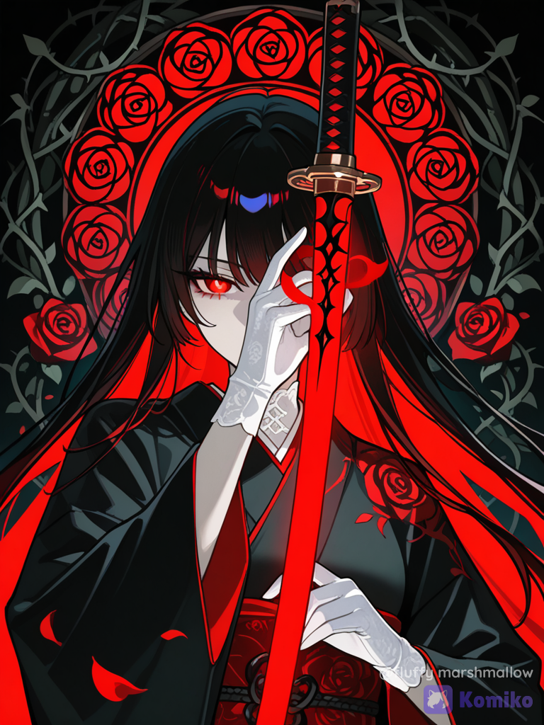 A mysterious dark gothic anime woman with very long flowing black hair, pale skin, and intense glowing crimson-red eyes, wearing an elegant traditional black samurai-inspired outfit with red accents and intricate floral patterns. She is holding a long katana vertically in front of her body, the blade glowing vivid crimson red. One pale hand is raised gracefully in front of her face, partially covering one eye, creating a dramatic mysterious pose. Delicate white gloves and subtle red decorative markings on her hands and arms. Surrounding her are elegant black and deep crimson roses, twisting thorny vines and artistic red floral patterns forming a dramatic circular frame around the character. High-contrast black, white and vivid red color palette, dark gothic atmosphere, mysterious and powerful mood. Highly anime illustration, sharp clean linework, dramatic cel shading, expressive glowing eyes, intricate black hair strands, kimono fabric, cinematic composition, strong contrast, polished digital art, dark fantasy aesthetic, elegant gothic character design, dynamic vertical portrait, 4:5.