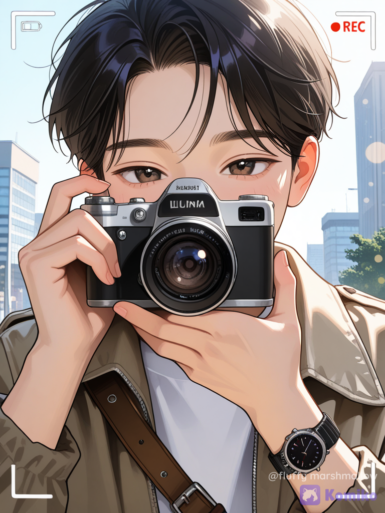 A photorealistic cinematic portrait of a young adult male photographer outdoors, holding a professional mirrorless camera directly in front of his face while taking a photograph. He has neat dark brown-black hair with a soft Korean hairstyle, wearing an oversized clean white utility jacket with multiple pockets and zippers over a white shirt. A brown leather camera shoulder strap crosses his body, and he is wearing a classic black wristwatch. Both hands naturally hold the camera, realistic fingers and hand anatomy. Bright soft natural daylight, slightly overexposed highlights, gentle shadows, blurred urban background, shallow depth of field, creamy bokeh, soft pastel tones, clean Korean drama aesthetic, candid photography moment, realistic skin texture, hair strands and clothing fabric, professional fashion photography, 85mm lens, natural composition, photorealistic, high detail