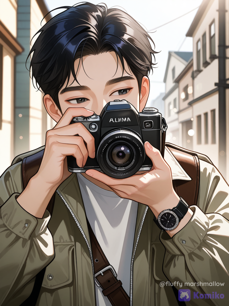 A photorealistic cinematic portrait of a young adult male photographer outdoors, holding a professional mirrorless camera directly in front of his face while taking a photograph. He has neat dark brown-black hair with a soft Korean hairstyle, wearing an oversized clean white utility jacket with multiple pockets and zippers over a white shirt. A brown leather camera shoulder strap crosses his body, and he is wearing a classic black wristwatch. Both hands naturally hold the camera, realistic fingers and hand anatomy. Bright soft natural daylight, slightly overexposed highlights, gentle shadows, blurred urban background, shallow depth of field, creamy bokeh, soft pastel tones, clean Korean drama aesthetic, candid photography moment, realistic skin texture, hair strands and clothing fabric, professional fashion photography, 85mm lens, natural composition, photorealistic, high detailsoft sunlight, airy bright atmosphere, subtle film grain, realistic camera details, natural pose, editorial photography, dreamy Korean street photography, background completely out of focus