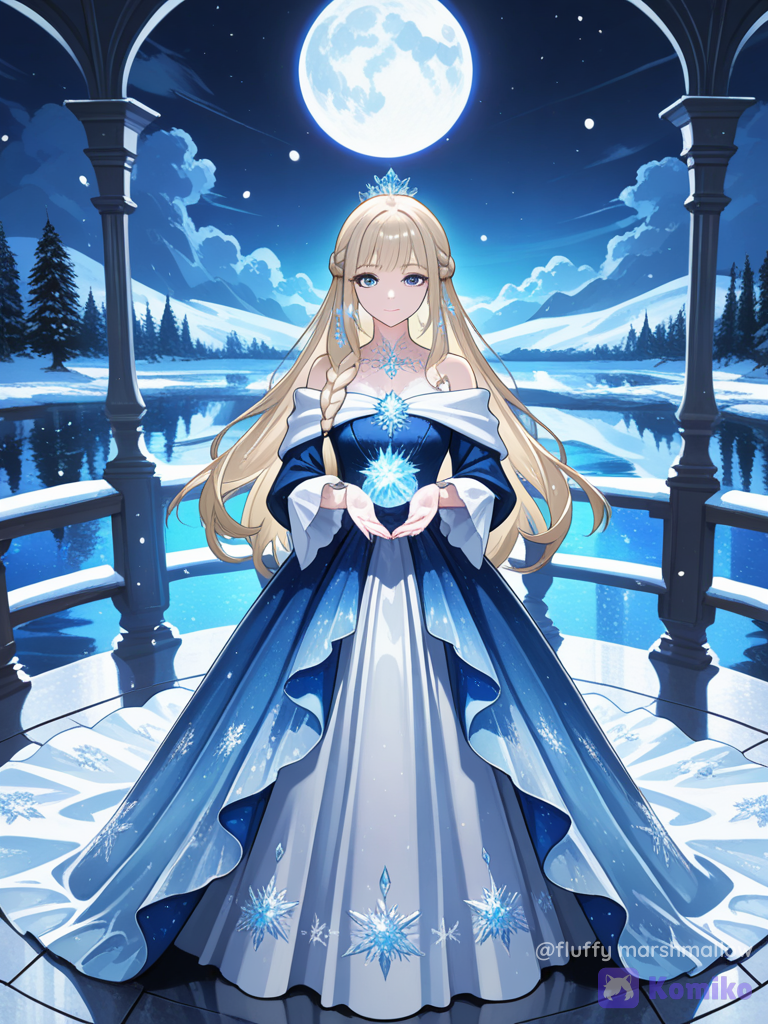 A beautiful elegant young adult fantasy princess standing on a grand stone balcony beside a frozen lake at night. She has fair skin, large expressive blue eyes, soft pink lips, and long platinum-blonde hair styled in a thick side braid. She is wearing a magnificent floor-length deep sapphire-blue off-shoulder ball gown, covered with thousands of tiny sparkling crystals and intricate silver snowflake-like patterns flowing from the bodice down the skirt. The gown has long fitted sleeves and a dramatic flowing train. A glowing full moon shines behind her, reflecting beautifully across the frozen lake. Snow-covered mountains surround the lake, soft clouds fill the deep blue night sky, gentle magical snow particles floating in the air. Cold blue moonlight, sparkling highlights, dreamy magical atmosphere, cinematic fantasy lighting, highly fabric and crystal textures, elegant royal composition, photorealistic 3D fantasy character, full-body portrait, centered composition, vertical 9:16, ultra high detail.soft glowing aura, shimmering ice particles, subtle volumetric moonlight, sparkling reflections on the frozen water, magical winter atmosphere, fantasy fairytale aesthetic, dramatic cinematic lighting