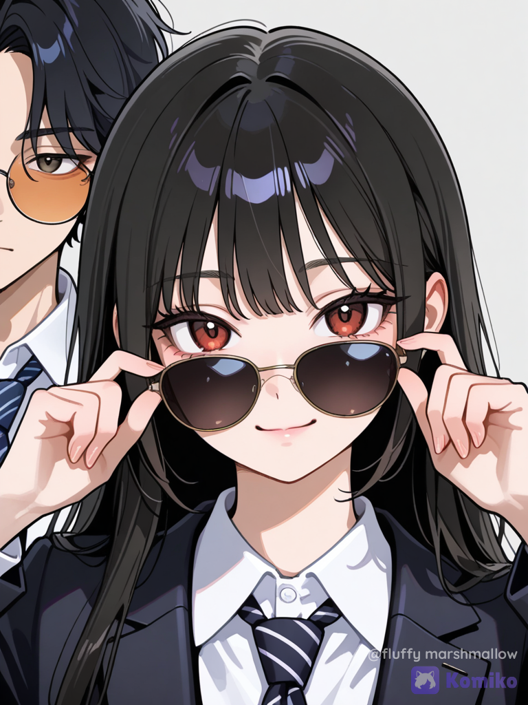A stylish young East Asian boy and girl posing closely together for a playful fashion photo. The boy is in the foreground, wearing a dark charcoal school-style blazer over a white shirt with a striped tie, and oversized round black sunglasses. He is slightly lowering the sunglasses with one hand and looking playfully toward the camera. The girl is standing slightly behind him, wearing a matching dark school-style blazer, white shirt and striped tie, with small oval orange-tinted sunglasses. Both are making cute playful poses with their fingers near their sunglasses. The boy has neat straight dark hair with soft bangs, and the girl has straight dark hair with bangs. Clean youthful appearance, fun and mischievous expressions, studio-style soft lighting, plain light gray background, close-up portrait, fashion editorial photography, crisp details, natural skin texture, realistic photography, balanced composition, trendy Korean fashion aesthetic, vertical portrait, high resolution.boy positioned in the foreground on the right, girl slightly behind on the left, both facing the camera, sunglasses held/adjusted with their fingers, playful synchronized pose, close framing, same camera perspective and overall mood.