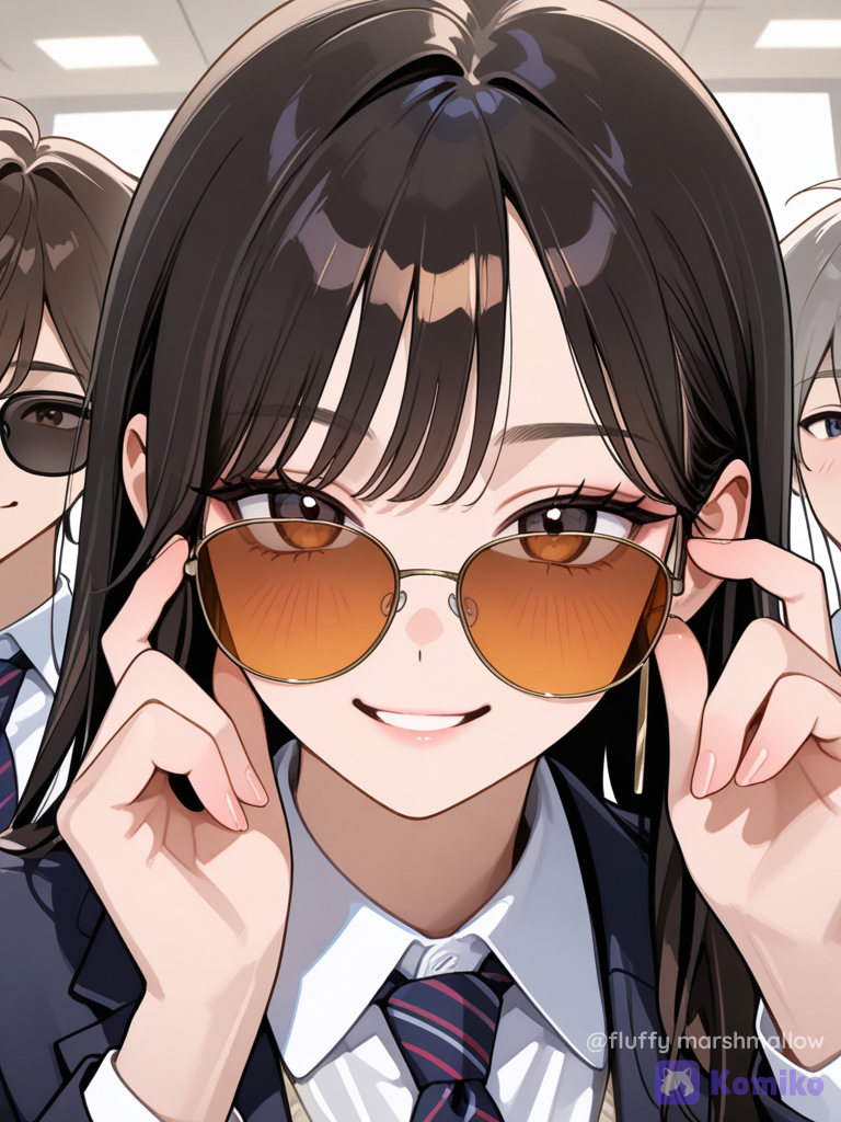 A stylish young East Asian boy and girl posing closely together for a playful fashion photo. The boy is in the foreground, wearing a dark charcoal school-style blazer over a white shirt with a striped tie, and oversized round black sunglasses. He is slightly lowering the sunglasses with one hand and looking playfully toward the camera. The girl is standing slightly behind him, wearing a matching dark school-style blazer, white shirt and striped tie, with small oval orange-tinted sunglasses. Both are making cute playful poses with their fingers near their sunglasses. The boy has neat straight dark hair with soft bangs, and the girl has straight dark hair with bangs. Clean youthful appearance, fun and mischievous expressions, studio-style soft lighting, plain light gray background, close-up portrait, fashion editorial photography, crisp details, natural skin texture, realistic photography, balanced composition, trendy Korean fashion aesthetic, vertical portrait, high resolution.boy positioned in the foreground on the right, girl slightly behind on the left, both facing the camera, sunglasses held/adjusted with their fingers, playful synchronized pose, close framing, same camera perspective and overall mood.