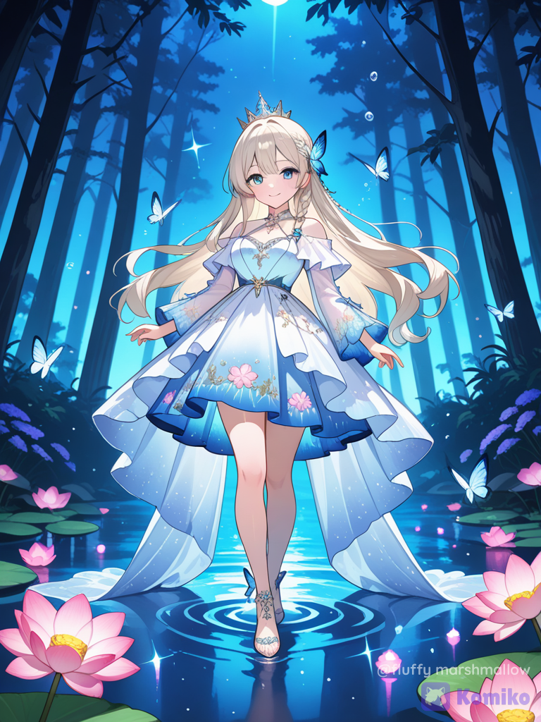 A beautiful magical fantasy princess standing gracefully in the middle of a dark enchanted pond at night. She has long, elegant platinum-blonde hair styled in a thick side braid, large expressive blue eyes, and a gentle joyful smile. She is wearing a flowing, sparkling ice-blue and white princess gown with delicate glittering floral embroidery, translucent sleeves, and a soft glowing magical aura. Her dress gently floats over the water.
The pond is covered with countless small blue, lavender and pink floating flowers and glowing white-blue butterflies. Tiny magical particles and sparkling lights float through the air. Warm glowing lanterns are floating on the water, creating beautiful golden reflections. The surrounding forest is dark, dreamy and softly blurred. Cool blue moonlight mixed with warm lantern light, cinematic magical lighting, soft glow, dreamy atmosphere, fairytale fantasy environment, luminous water reflections, volumetric light, highly 3D animated movie style, enchanting color palette, whimsical and elegant composition, full-body character, vertical portrait, 4:5 aspect ratio, .Dreamlike atmosphere, glowing turquoise magical light beneath the water, hundreds of luminous butterflies, sparkling fairy dust, soft bokeh, ethereal glow, magical reflections, fantasy cinematic depth of field.
