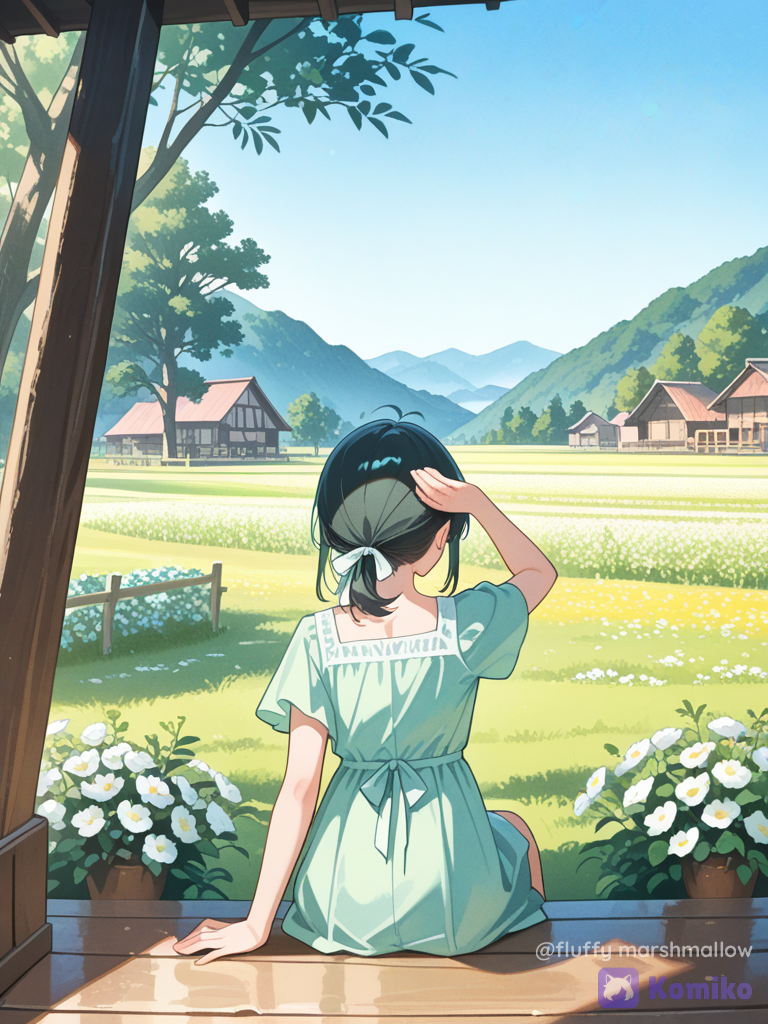 A beautiful peaceful anime-style countryside scene viewed from behind. A young girl with very long, flowing black hair tied loosely at the back with a delicate cream-colored ribbon is sitting on a rustic wooden deck, looking toward a vast green countryside landscape. She is wearing a soft pastel mint-green short-sleeved summer dress. One hand is resting on the wooden floor beside her while the other hand is raised gently above her eyes as if looking into the distance.
In front of her is a breathtaking lush green valley filled with tiny yellow and white wildflowers, rolling grassy hills, dense green trees and distant blue-green mountains. Large tree branches with leaves frame the top of the scene, creating a natural canopy. A small bouquet of white flowers lies beside her on the wooden deck. Warm soft daylight, clear pale-blue sky, fresh summer atmosphere, gentle breeze, peaceful and nostalgic mood, beautiful hand-painted anime background, soft watercolor textures, vibrant natural greens, cinematic composition, scenery, dreamy Japanese countryside aesthetic, vertical portrait,high-quality anime illustration.Rear view composition, girl centered in the lower-middle frame, sitting with her back toward the viewer, long hair flowing down her back, right hand raised near her forehead, left hand touching the wooden deck, looking toward the distant mountains and green valley. Wide scenic landscape occupying most of the upper frame.