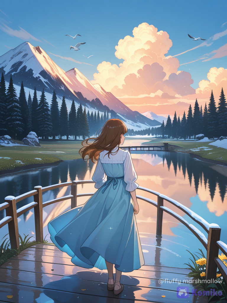 A dreamy cinematic anime-style landscape of a beautiful young girl standing on a curved wooden bridge over a crystal-clear turquoise alpine lake. She is wearing a flowing light blue dress with a soft white blouse, her long brown hair gently moving in the breeze. She is seen from behind, peacefully looking toward majestic snow-covered mountains in the distance. The mountains are surrounded by lush green valleys, waterfalls and pine forests. Bright blue sky with soft white clouds and a seagull flying overhead. Warm golden sunlight reflects beautifully across the sparkling lake, creating thousands of glowing highlights on the water. Colorful wildflowers grow along the lakeshore in the foreground. Peaceful, magical, serene atmosphere, highly anime background, soft painterly textures, vibrant pastel colors, beautiful natural lighting, atmospheric perspective, cinematic composition, depth of field, dreamy summer scenery, Studio Ghibli-inspired aesthetic, vertical portrait composition, 9:16.