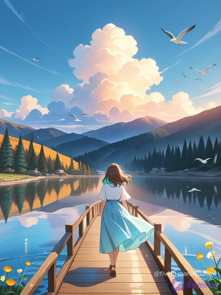 A dreamy cinematic anime-style landscape of a beautiful young girl standing on a curved wooden bridge over a crystal-clear turquoise alpine lake. She is wearing a flowing light blue dress with a soft white blouse, her long brown hair gently moving in the breeze. She is seen from behind, peacefully looking toward majestic snow-covered mountains in the distance. The mountains are surrounded by lush green valleys, waterfalls and pine forests. Bright blue sky with soft white clouds and a seagull flying overhead. Warm golden sunlight reflects beautifully across the sparkling lake, creating thousands of glowing highlights on the water. Colorful wildflowers grow along the lakeshore in the foreground. Peaceful, magical, serene atmosphere, highly anime background, soft painterly textures, vibrant pastel colors, beautiful natural lighting, atmospheric perspective, cinematic composition, depth of field, dreamy summer scenery, Studio Ghibli-inspired aesthetic, vertical portrait composition, 9:16.ultra sharp focus, realistic lighting combined with anime art, volumetric sunlight, soft glow, breathtaking scenery, no text, no watermark