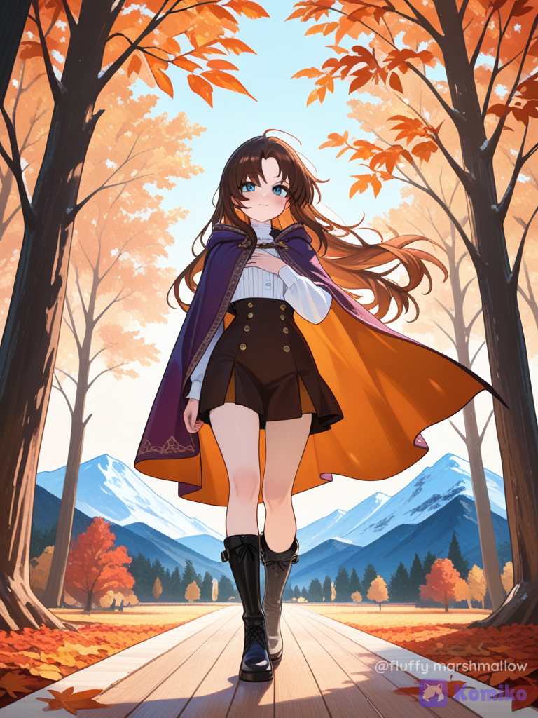 A beautiful young animated female character standing gracefully in an enchanted autumn forest. She has large expressive blue eyes, fair skin, soft rosy cheeks, and long auburn-brown hair flowing gently in the wind. She is wearing an elegant deep magenta-purple long winter cloak with black and golden decorative details, layered over a dark fitted outfit and tall black boots. Her right hand gently holds the edge of her cloak near her chest while the other hand hangs naturally by her side.
The forest is filled with tall slender white-barked trees, distant misty snow-covered mountains, large natural rocks and a carpet of fallen autumn leaves in rich red, orange and brown tones. Colorful autumn leaves are floating through the air around her. The sky is soft pastel blue and lavender with gentle clouds.
Whimsical cinematic 3D animation style, charming expressive character design, polished animated-movie quality, soft realistic textures, beautiful facial details, flowing hair and fabric, magical autumn atmosphere, warm diffused lighting, soft glow, atmospheric mist, depth of field, vibrant yet elegant colors, highly environment, cinematic composition, full-body character, vertical portrait, 9:16, .