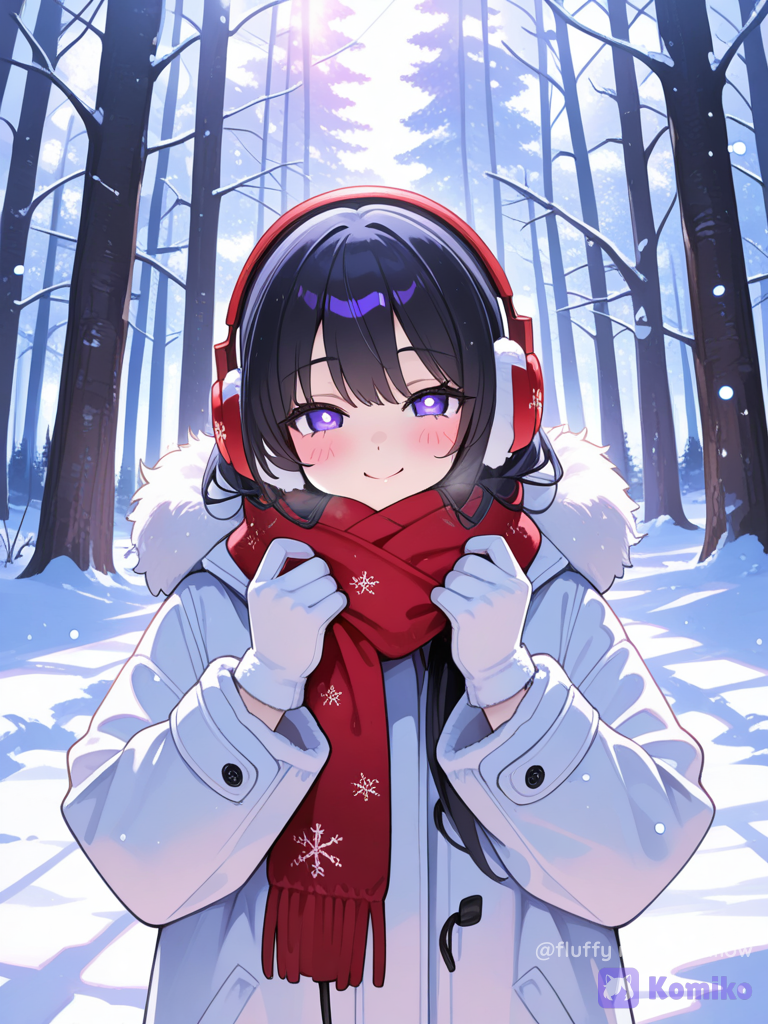 A beautiful original anime-style young woman standing in a peaceful snowy forest during winter. She has long, silky dark black hair with soft bangs, large expressive violet-gray eyes, a gentle warm smile and naturally rosy cheeks. She is wearing fluffy white earmuffs with red and white headphones, a cozy oversized white winter jacket, a thick red knitted scarf wrapped warmly around her neck, and soft white knitted gloves. One gloved hand gently holds the scarf near her chest.
Behind her is a magical winter forest filled with tall dark tree branches covered in fresh snow. Soft snowflakes are falling all around her, with some snowflakes close to the camera creating beautiful foreground bokeh. Warm sunlight filters through the trees from the side, creating a soft golden rim light on her hair and jacket.
Japanese anime illustration, beautiful expressive eyes, delicate facial features, soft blush, flowing hair strands, cozy winter fashion, highly clothing textures, soft cinematic lighting, dreamy snowy atmosphere, shallow depth of field, beautiful snow particles, soft bokeh, subtle glow, polished anime artwork, vibrant yet soft colors, cinematic portrait composition, vertical 9:16.