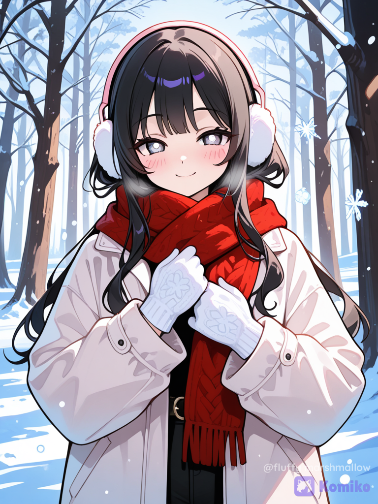 A beautiful original anime-style young woman standing in a peaceful snowy forest during winter. She has long, silky dark black hair with soft bangs, large expressive violet-gray eyes, a gentle warm smile and naturally rosy cheeks. She is wearing fluffy white earmuffs with red and white headphones, a cozy oversized white winter jacket, a thick red knitted scarf wrapped warmly around her neck, and soft white knitted gloves. One gloved hand gently holds the scarf near her chest.
Behind her is a magical winter forest filled with tall dark tree branches covered in fresh snow. Soft snowflakes are falling all around her, with some snowflakes close to the camera creating beautiful foreground bokeh. Warm sunlight filters through the trees from the side, creating a soft golden rim light on her hair and jacket.
Japanese anime illustration, beautiful expressive eyes, delicate facial features, soft blush, flowing hair strands, cozy winter fashion, highly clothing textures, soft cinematic lighting, dreamy snowy atmosphere, shallow depth of field, beautiful snow particles, soft bokeh, subtle glow, polished anime artwork, vibrant yet soft colors, cinematic portrait composition, vertical 9:16.cute winter atmosphere, cozy and heartwarming mood, gentle smile, soft pastel lighting, romantic snowy scenery, magical winter morning, peaceful expression, cinematic anime aesthetic