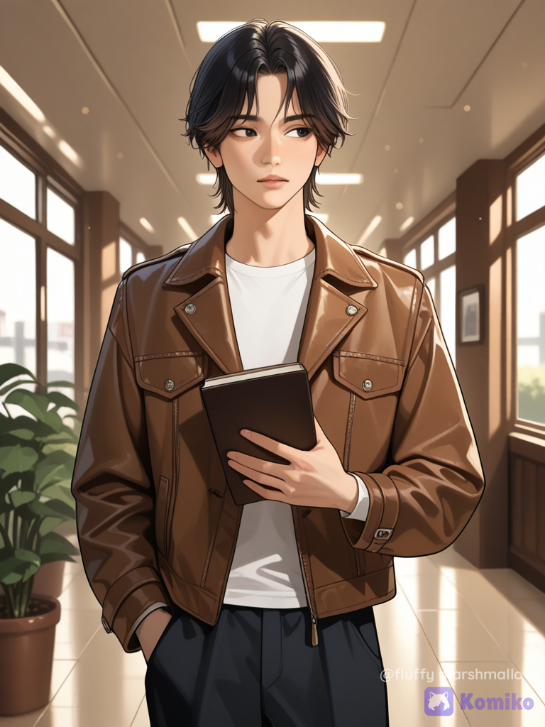 A handsome young East Asian man standing casually inside a bright modern indoor public space, captured in a realistic cinematic fashion portrait. He has neat medium-length black hair with soft natural texture, a clean youthful face, fair natural skin, defined jawline, dark expressive eyes, and a calm confident expression while looking slightly to the side.
He is wearing a stylish brown vintage-inspired leather or suede jacket with stitching, multiple buttoned chest pockets and a relaxed fit, layered over a plain white crew-neck T-shirt and black straight-fit trousers. One hand is casually placed near his trouser pocket while the other hand holds a small book or notebook.
The background is a spacious modern indoor architectural environment with large windows, soft daylight, blurred people and green plants in the distance. Warm neutral tones, creamy highlights, natural skin texture, soft shadows, shallow depth of field and beautiful background bokeh.
Photorealistic Korean fashion editorial photography, K-drama aesthetic, sophisticated and minimal styling, natural pose, realistic proportions, high-detail facial features, realistic hair strands, clothing texture, soft diffused daylight, cinematic color grading, 85mm portrait lens, shallow depth of field, professional photography, ultra sharp focus on the subjectluxury fashion magazine aesthetic, cinematic K-drama atmosphere, soft creamy highlights, subtle film grain, elegant composition, natural candid expression, premium editorial photography