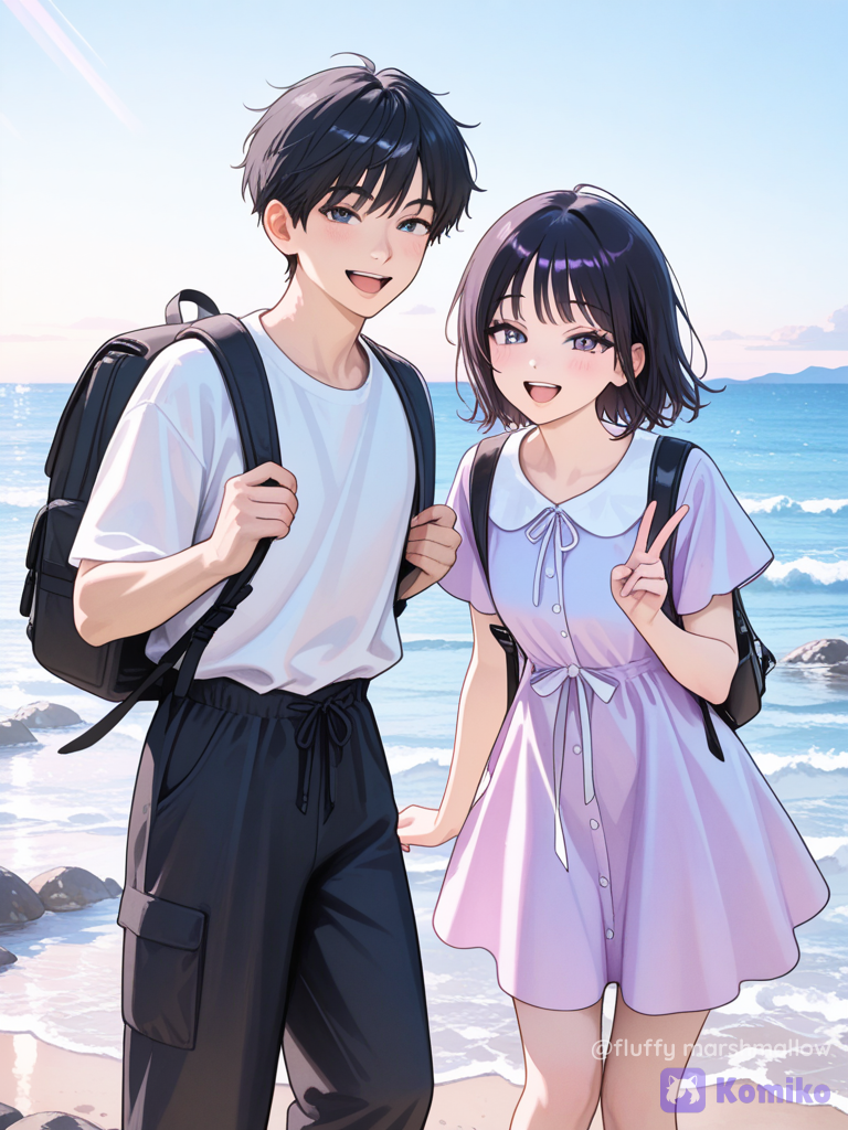 A cheerful young adult East Asian couple posing playfully together at a beautiful seaside location on a bright summer day. The woman is standing in the foreground, leaning playfully toward the camera with a big natural smile, making cute V-sign peace gestures with both hands. She has shoulder-length dark hair with soft bangs and is wearing a loose pastel lavender-pink short-sleeve dress with a tied waist.
Behind her stands a young adult man with neat dark hair and a gentle relaxed expression. He is wearing a clean white T-shirt layered under a light pastel blue oversized shirt, dark straight-fit trousers, and a casual black backpack. One hand lightly holds the backpack strap.
They are standing near a rocky seaside shore with calm blue ocean water in the background. Bright clear sky, soft natural sunlight, subtle ocean horizon and large smooth coastal rocks. The overall atmosphere is cheerful, youthful and carefree, like a Korean summer travel photoshoot.
Photorealistic Korean drama summer aesthetic, candid travel photography, natural facial expressions, realistic skin texture, soft pastel colors, bright airy lighting, gentle sunlight, subtle film grain, slightly dreamy atmosphere, natural body proportions, shallow depth of field, professional lifestyle photography, cinematic compositionplayful youthful energy, candid vacation moment, soft pastel color grading, warm summer sunlight, ocean breeze, natural laughter, dreamy travel photography, clean minimal background, soft highlights