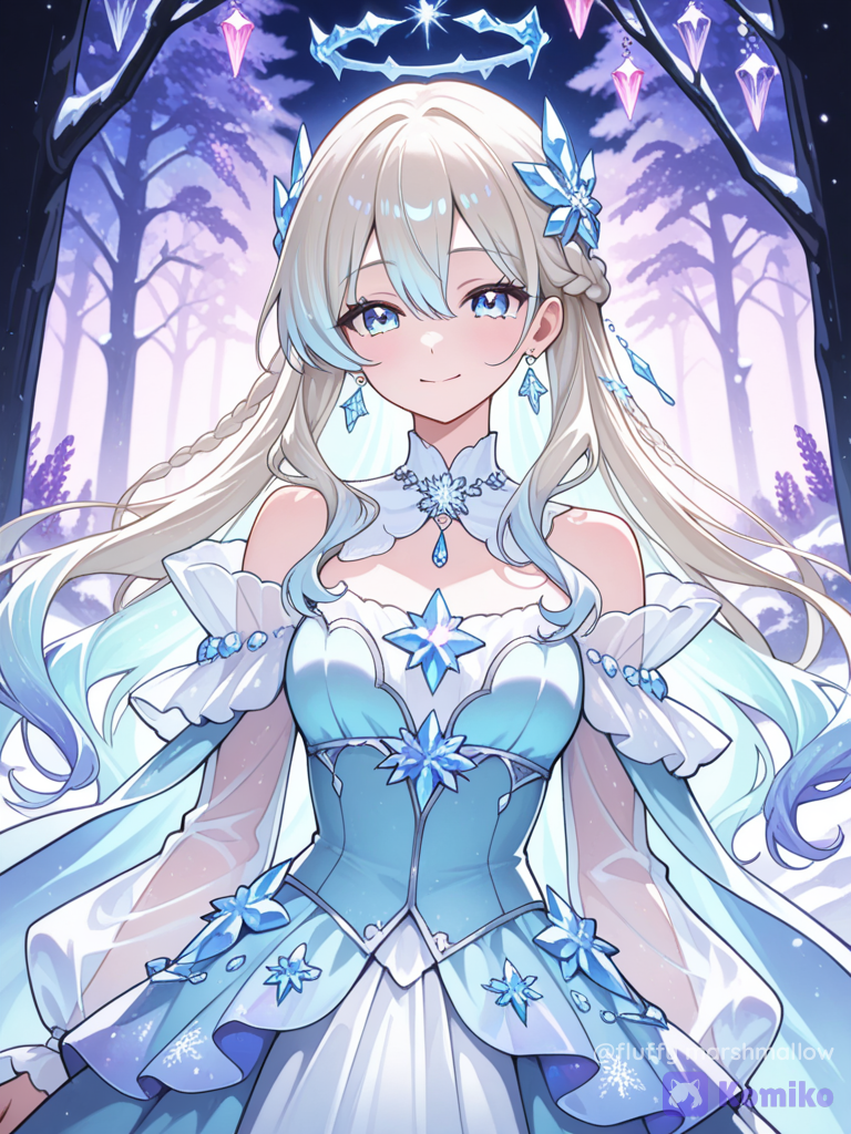 A breathtaking original fantasy anime princess standing gracefully in an enchanted dark winter forest. She has long, flowing platinum-white hair with soft icy-blue and lavender highlights, styled in an elegant voluminous braid with delicate sparkling crystal flowers woven through it. She has large luminous icy-blue eyes, delicate facial features, fair glowing skin, soft rosy cheeks and a gentle serene smile.
She is wearing an elegant magical ice-blue and turquoise fantasy gown with a fitted sparkling bodice, flowing layered skirt and translucent lavender-blue sleeves. The dress is decorated with intricate crystalline patterns, tiny shimmering snowflake details and thousands of subtle sparkling particles. A long translucent cape flows behind her, glowing with beautiful gradients of cyan, blue, lavender and soft pink. She wears delicate crystal earrings and a fine jeweled hair ornament.
The background is a mysterious enchanted forest at night, with dark silhouettes of trees and subtle glowing blue lights scattered throughout the scene. Tiny magical particles and glowing fairy-like specks float around her. A soft cool light illuminates her from behind, creating a beautiful luminous halo around her hair and cape.
Ethereal fantasy anime illustration, elegant magical princess aesthetic, highly character design, luminous eyes, intricate sparkling gown, flowing hair, translucent fabric, magical particles, crystalline textures, cinematic lighting, soft glow, atmospheric depth, dreamy color palette of icy blue, turquoise, lavender and pink, breathtaking fantasy artwork, polished anime movie aesthetic, ultra sharp focus, ethereal glow, enchanted ice magic, sparkling snow particles, glowing fairy dust, soft bloom, magical aura, luminous backlight, dreamy cinematic atmosphere, fantasy fairytale