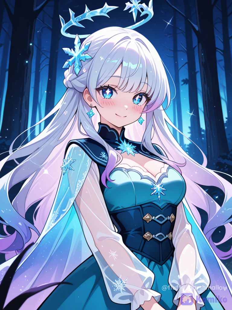 A breathtaking original fantasy anime princess standing gracefully in an enchanted dark winter forest. She has long, flowing platinum-white hair with soft icy-blue and lavender highlights, styled in an elegant voluminous braid with delicate sparkling crystal flowers woven through it. She has large luminous icy-blue eyes, delicate facial features, fair glowing skin, soft rosy cheeks and a gentle serene smile.
She is wearing an elegant magical ice-blue and turquoise fantasy gown with a fitted sparkling bodice, flowing layered skirt and translucent lavender-blue sleeves. The dress is decorated with intricate crystalline patterns, tiny shimmering snowflake details and thousands of subtle sparkling particles. A long translucent cape flows behind her, glowing with beautiful gradients of cyan, blue, lavender and soft pink. She wears delicate crystal earrings and a fine jeweled hair ornament.
The background is a mysterious enchanted forest at night, with dark silhouettes of trees and subtle glowing blue lights scattered throughout the scene. Tiny magical particles and glowing fairy-like specks float around her. A soft cool light illuminates her from behind, creating a beautiful luminous halo around her hair and cape.
Ethereal fantasy anime illustration, elegant magical princess aesthetic, highly character design, luminous eyes, intricate sparkling gown, flowing hair, translucent fabric, magical particles, crystalline textures, cinematic lighting, soft glow, atmospheric depth, dreamy color palette of icy blue, turquoise, lavender and pink, breathtaking fantasy artwork, polished anime movie aesthetic, ultra sharp focus