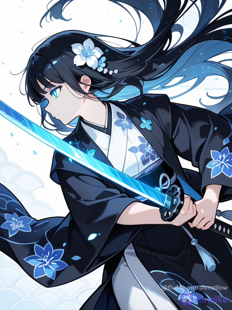 A stunning high-detail anime fantasy warrior, a beautiful young female samurai shown in a dynamic side-profile pose. She has very long flowing black hair swept dramatically by the wind, with delicate white and pale-blue flowers decorating her hair. Her eyes glow with an intense ethereal cyan-blue light, with small glowing blue particles floating around her face and hair. She wears an elegant traditional Japanese-inspired white and black samurai kimono, with wide flowing sleeves, intricate dark floral patterns, layered fabric, black obi, and delicate ornamental details. The fabric is dramatically flowing in the wind, creating a sense of motion and energy. She holds a traditional Japanese katana diagonally across her body with both hands. The katana blade emits a powerful luminous cyan-blue magical glow, with electric-blue energy flowing along the blade and glowing particles splashing outward like liquid light. The sword should be the main visual focal point. White minimalist background with subtle pale-blue mist and scattered cyan energy particles, strong contrast between white clothing, deep black hair, and vivid cyan-blue magical light. Dynamic composition, dramatic perspective, flowing motion, elegant silhouette, cinematic lighting, atmospheric effects. Highly anime illustration, clean sharp line work, refined cel shading, beautiful expressive facial features, intricate kimono details, realistic flowing hair strands, glowing magical effects, high contrast, cool white and cyan color palette, epic fantasy samurai aesthetic, polished digital artwork, quality, ultra vertical portrait composition.