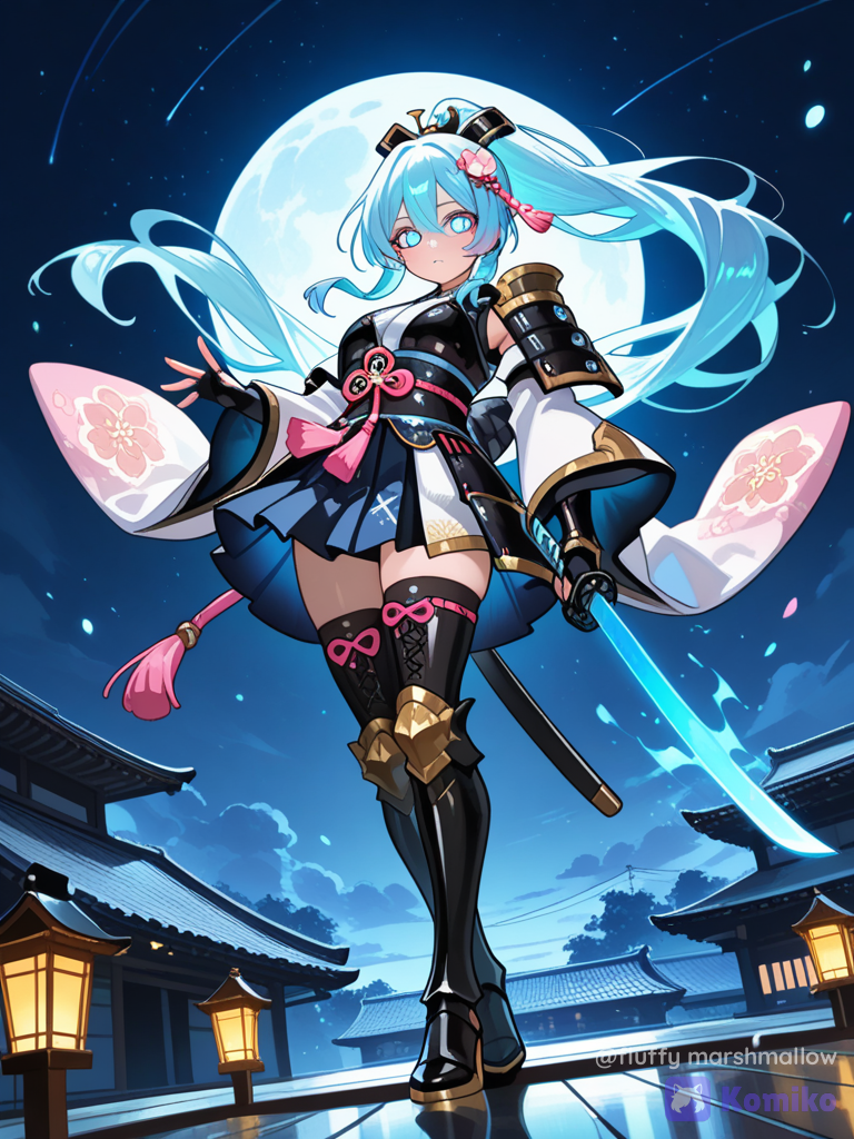 Create a stunning high-detail Japanese fantasy anime illustration of a young female samurai warrior in a dynamic action pose at night. She has long flowing icy-blue hair styled in a high ponytail with elegant traditional hair ornaments. Her bangs frame her face naturally. She has large luminous cyan-blue anime eyes, delicate facial features and a calm, focused expression. She wears an elaborate fantasy-inspired Japanese samurai outfit combining traditional kimono elements with lightweight warrior armor. The outfit is predominantly white, icy blue and deep navy, decorated with intricate gold trim, floral patterns, dark armored sections and elegant pink-red ribbons and tassels. She is holding a beautifully crafted katana diagonally across her body. The katana blade is glowing intensely with magical electric-blue energy, with bright cyan highlights and small sparkling particles surrounding the blade. The sword handle is wrapped in dark blue and black material with gold details and a pink tassel hanging from the pommel. Pose: dynamic three-quarter action pose, one arm raised while firmly gripping the katana, the other hand extended gracefully toward the viewer. Her long blue hair and ribbons flow dramatically through the air, creating a sense of motion and energy. Background: a beautiful traditional Japanese village or temple rooftop at night, with dark wooden architecture, tiled roofs, glowing blue lanterns and distant trees. The sky is deep navy blue with tiny stars and subtle magical particles. Lighting: dramatic cool blue moonlight, strong cyan glow from the katana illuminating her face, hair and clothing, subtle pink highlights from the ribbons, cinematic rim lighting, glowing reflections and atmospheric lighting. Style: premium Japanese anime fantasy artwork, highly character design, dynamic action composition, crisp confident linework, vibrant colors, eyes, flowing hair, intricate traditional clothing, katana, cinematic lighting, magical energy effects, polished digital painting, quality, . Composition: vertical portrait, full character visible, dynamic diagonal sword composition, slightly low camera angle, strong sense of depth and movement, foreground and background. Color palette: icy cyan, electric blue, deep navy, white, black, gold and accents of magenta-pink. Aspect ratio: 2:3 vertical portrait.
glowing cyan katana, icy-blue hair, dynamic samurai pose, traditional Japanese night village, flowing ribbons, blue magical energy, cinematic moonlight, kimono armor, diagonal sword composition.”