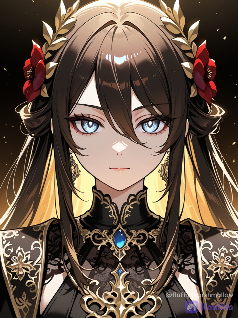 A highly dark fantasy anime portrait of a beautiful young woman, close-up three-quarter view, mysterious and elegant expression, one striking pale gray-blue eye clearly visible beneath soft layered bangs. Long dark brown to black hair with delicate strands framing the face, intricate ornate hair accessories made of black lacquer, antique gold metal and deep red flowers. She is wearing an elaborate black and crimson traditional-inspired fantasy outfit with luxurious gold embroidery, metallic ornamental details, layered fabric and elegant patterns. The composition is filled with sophisticated black, gold and deep red elements, creating a dramatic royal aesthetic. Warm golden highlights reflecting across the hair, face and clothing, subtle red glow from the background, floating golden particles and sparkling fragments, cinematic rim lighting, soft atmospheric glow, rich shadows, glossy textures, dramatic contrast, intricate linework, polished anime illustration, high-detail fantasy artwork, beautiful expressive eye, shallow depth of field, cinematic composition, vertical portrait, . black and gold luxury color palette with deep crimson accents, dramatic warm lighting, mysterious elegant atmosphere, glossy cinematic finish, highly polished digital anime art.
