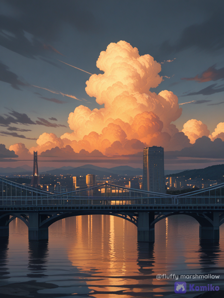 A highly realistic cinematic photograph of a beautiful urban city skyline viewed from across a wide river during sunset. A large suspension bridge stretches horizontally across the scene, with tall bridge towers, cables and illuminated structural details. Behind the bridge is a dramatic modern city skyline with several tall skyscrapers and high-rise buildings appearing as dark silhouettes.
The sky is the main focus, filled with warm golden-orange and amber sunset colors fading into soft gray-blue tones higher in the sky. Scattered dark clouds are beautifully illuminated by the setting sun, creating a dramatic and atmospheric evening mood.
In the foreground, a wide calm river reflects the warm orange and golden tones of the sunset, with subtle natural ripples on the water. The distant buildings and bridge are slightly silhouetted against the glowing horizon.
Wide landscape composition, cinematic sunset photography, realistic atmospheric haze, natural reflections, soft contrast, warm golden-hour lighting, subtle film grain, realistic water texture, clouds, professional travel photography, photorealistic, high dynamic range, quality, peaceful yet dramatic mood.
No people, no text, no watermark, no excessive saturation, natural realistic colors.